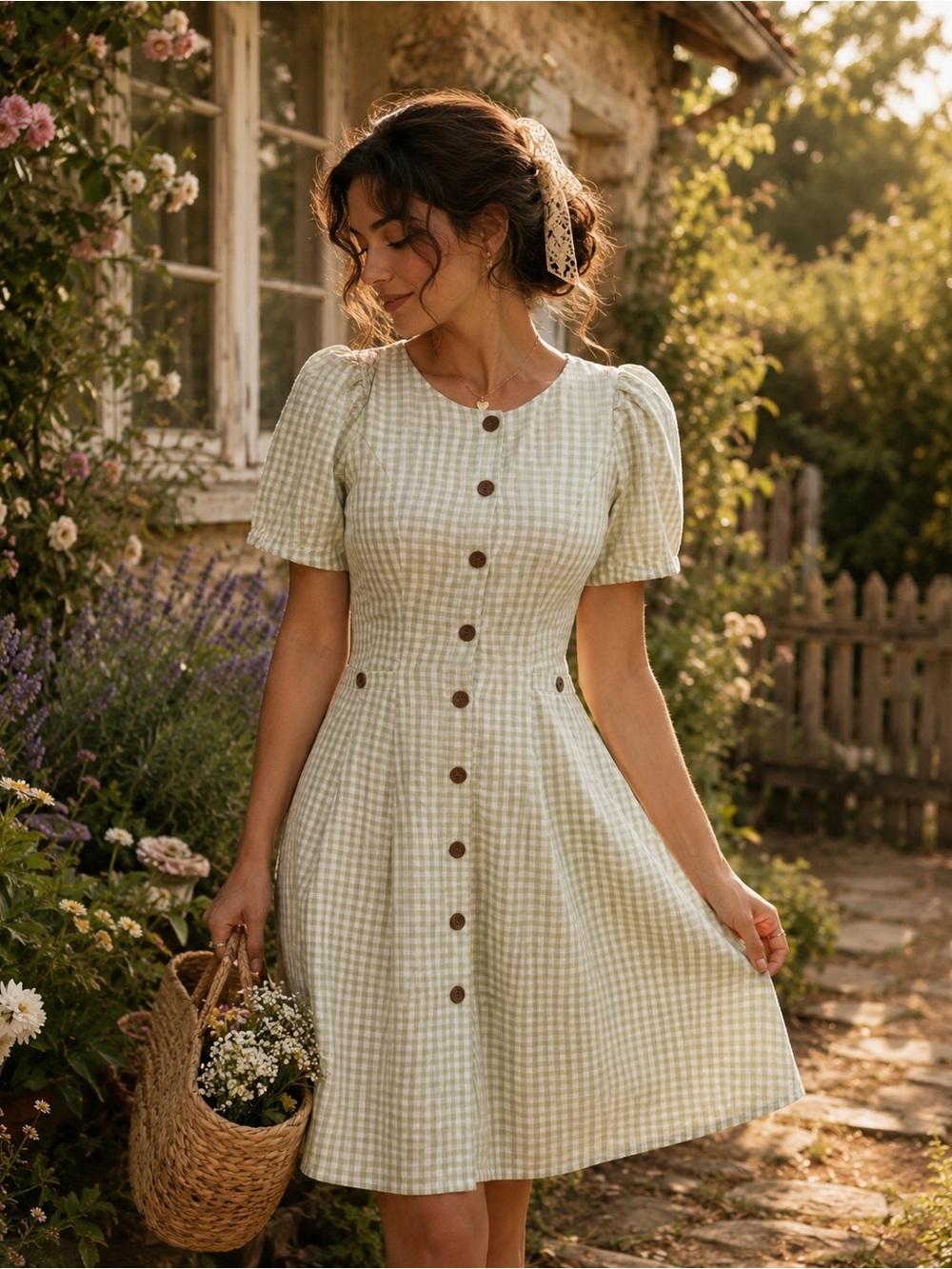 Source Unknown Light Green Gingham Button-Front Midi Dress